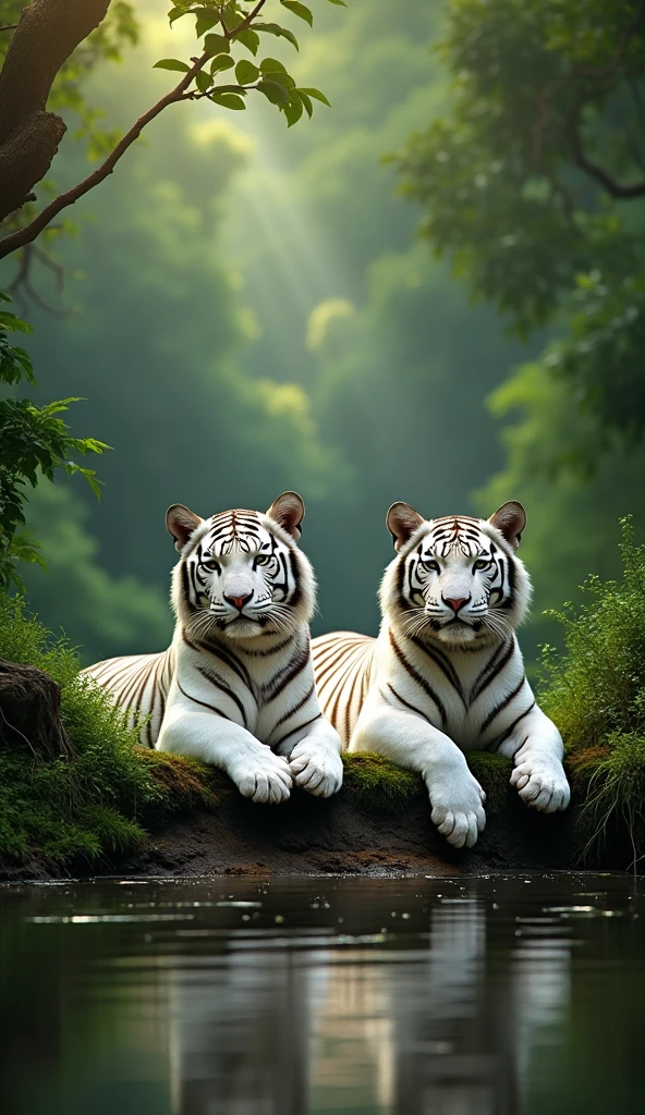 ((masterpiece)), ((high resolution)), ((professional photography)), ((National Geographic photo)), a pair of large Sumatran white Tigers, on the river bank, in the green jungle, shady lighting, realistic photo, very detailed, 8K, UHD