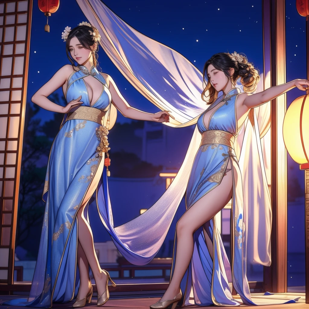 A 25-year-old female singer dances in ancient Chinese gorgeous Hanfu under the glazed screen on a clear night under the moonlight 8K cleavage