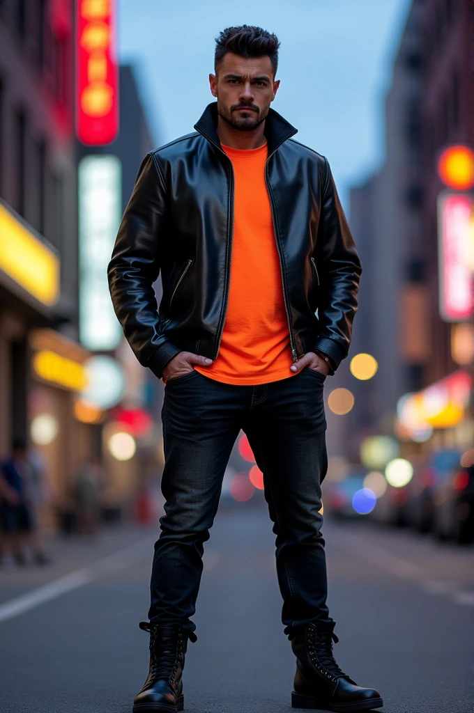 A man in a leather jacket with a fluorescent t-shirt underneath, black pants and black boots