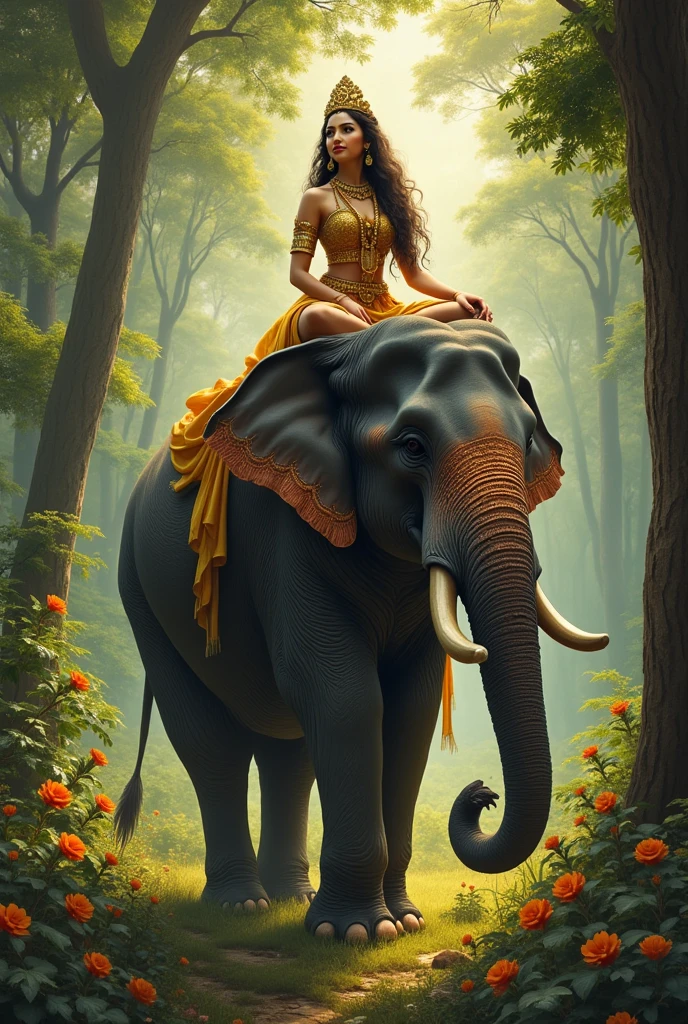 Photo of goddess who sit on elephant whose trunk is on its right side and sit down in forest

