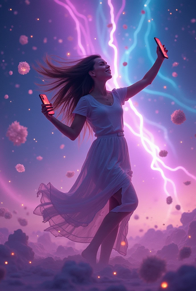 Please create a picture of a woman holding both phones and filming herself dancing on a planet.