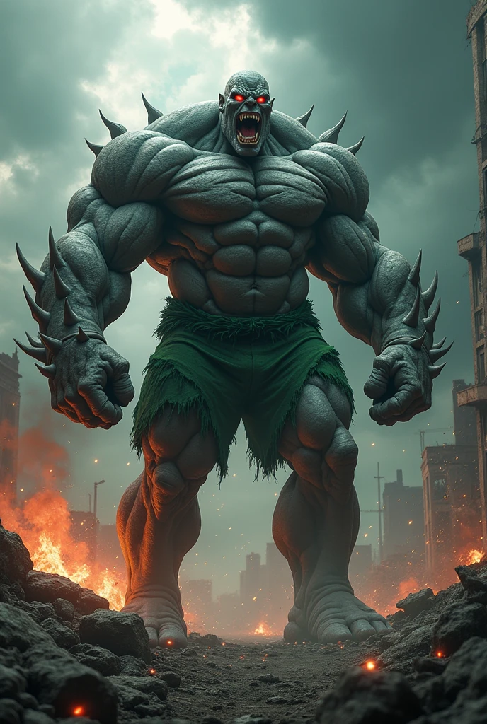 Create an image of Doomsday, the monstrous DC villain, with a massive, muscular body covered in grey, rock-like skin and sharp, bony protrusions on his knuckles, elbows, shoulders, and knees. He wears tattered green shorts or a loincloth that barely clings to his hulking frame. His face is fearsome, with deep-set, glowing red eyes, a snarling expression, and bone spikes jutting from his chin and jawline, embodying raw, unstoppable power and destruction.