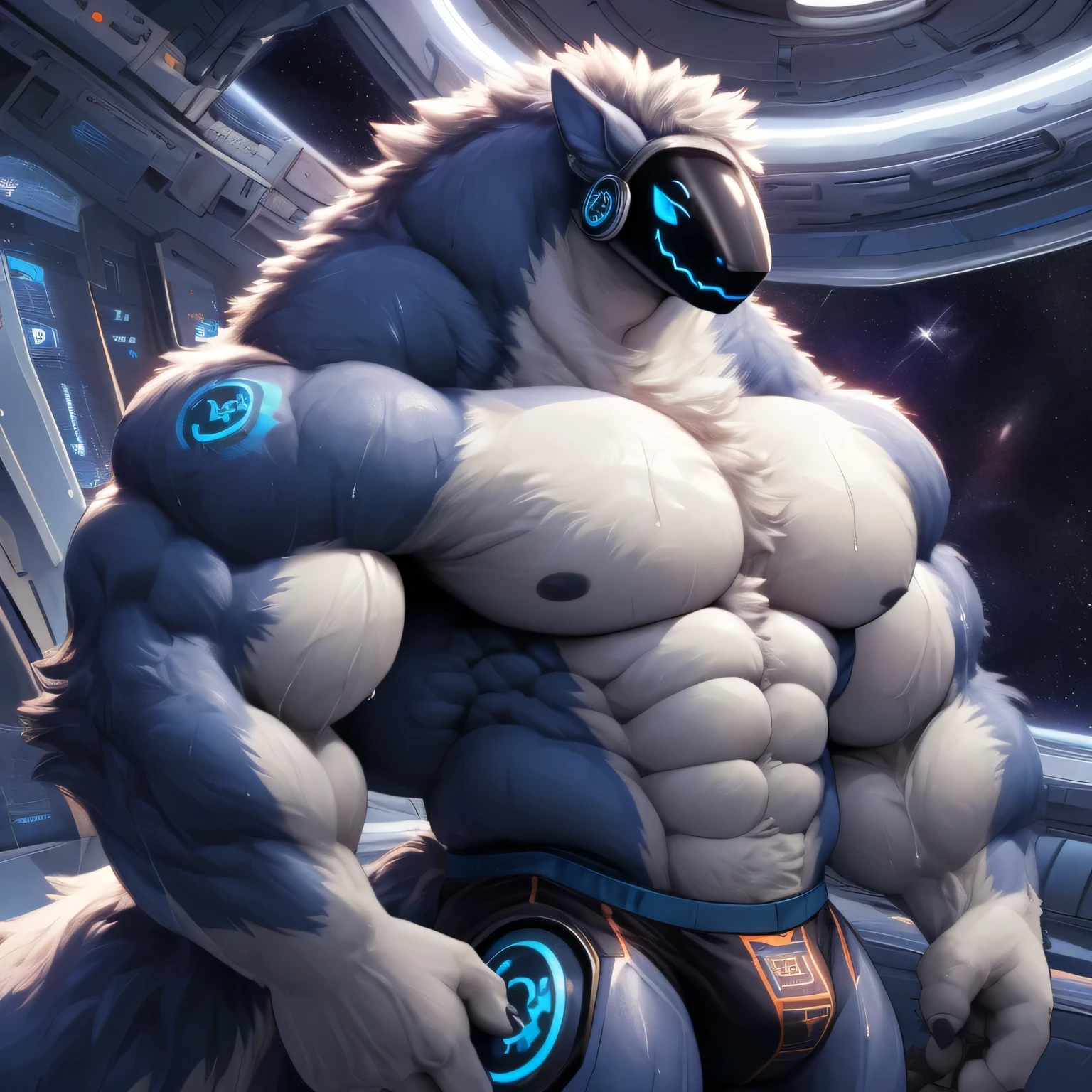 ((masterpiece)), (perfect shadows), (perfect eyes), (best quality), (ultra detailed), (perfect face), (illustration), (background details), Protogen, (tall), bulk, ((hyper body)), (huge muscle), (((tiny head))), sharp jaw, glowing eyes, ((huge shoulders)), ((huge neck muscles)), (long neck), (huge pecs), plump chest muscles, (bigger biceps), (huge muscular arms), (huge hand), long fingers, (veins in hand), ((thick furry body)), ((thick fluffy fur)), ((dense fur covering the body)), ((fur detail)), ((eight distinct abdominal muscles)), (huge abdomen), (huge abs), ((huge muscular calves)), ((wet)), ((sweat)), standing, spaceship background, space, (underwear), window, (full body), big penis, shirtless