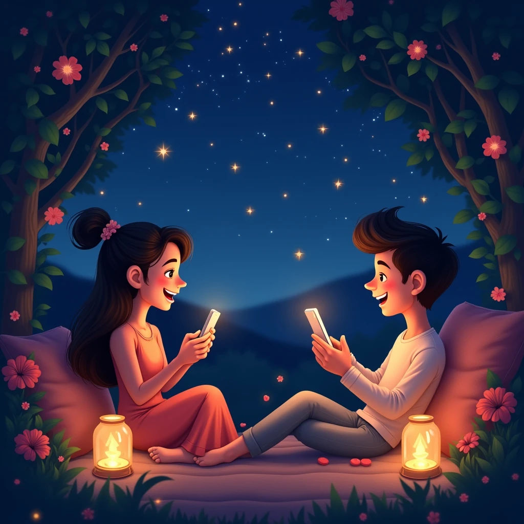 Create an image showing an animated couple,night,Starry sky,Bright stars,Female figure in a picturesque garden,Male figure in a cozy private room,Have lively chats via universal messaging apps。This picture should be lovely、Charming charm,Couples having a pleasant conversation in their respective locations。