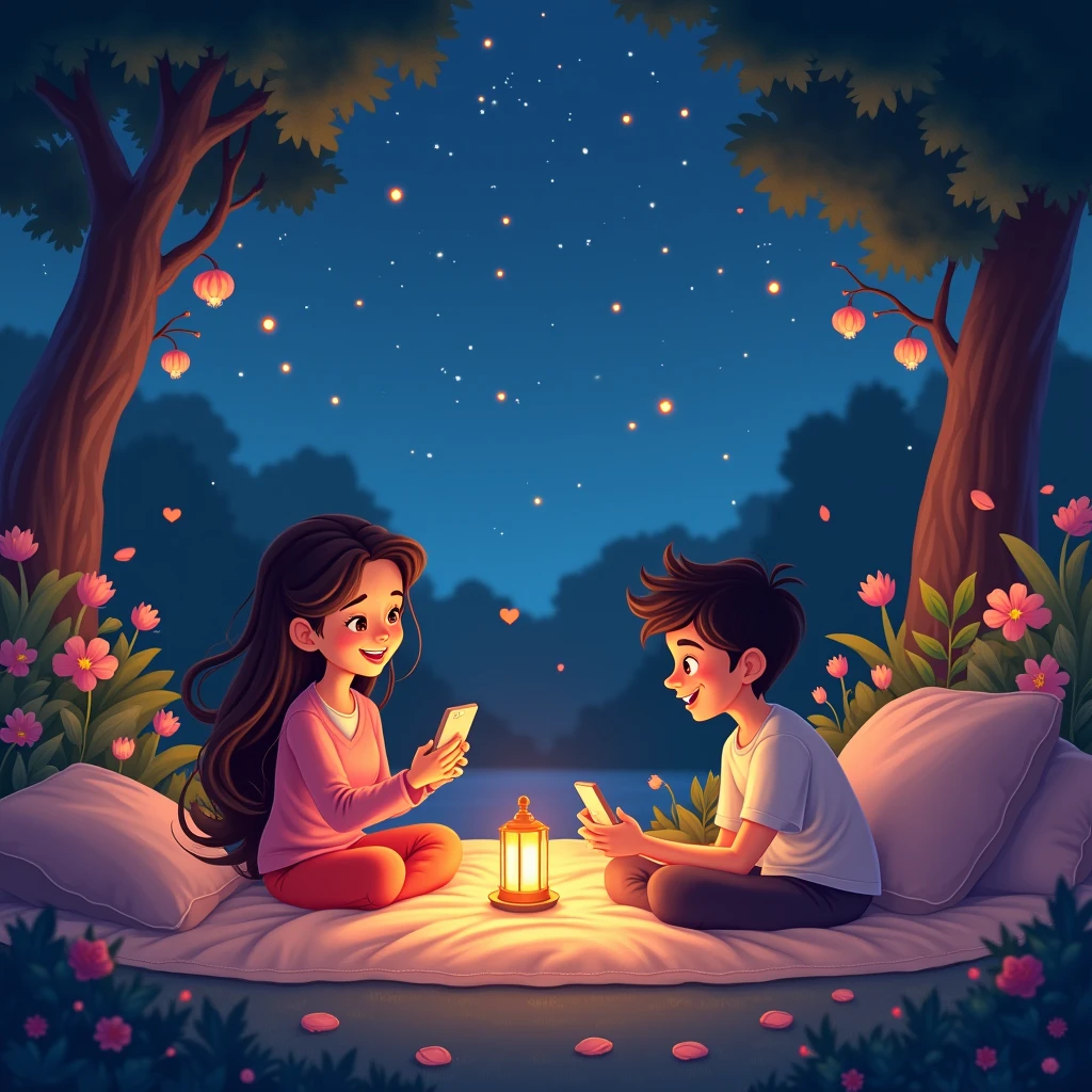 Create an image showing an animated couple,night,Starry sky,Bright stars,Female figure in a picturesque garden,Male figure in a cozy private room,Have lively chats via universal messaging apps。This picture should be lovely、Charming charm,Couples having a pleasant conversation in their respective locations。