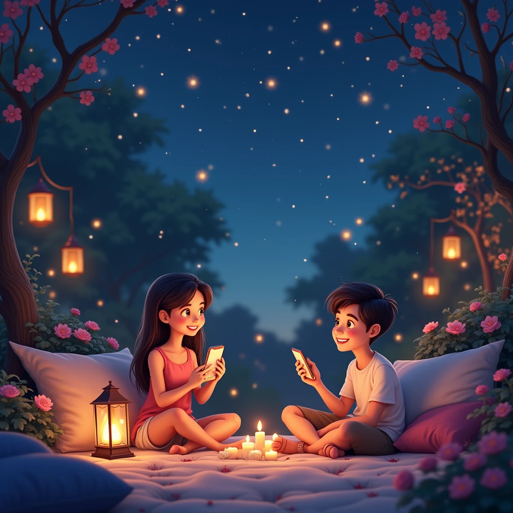 Create an image showing an animated couple，night，Starry sky，Bright stars，Female figure in a picturesque garden，Male figure in a cozy private room，Have lively chats via universal messaging apps。This picture should be lovely、Charming charm，Couples having a pleasant conversation in their respective locations。