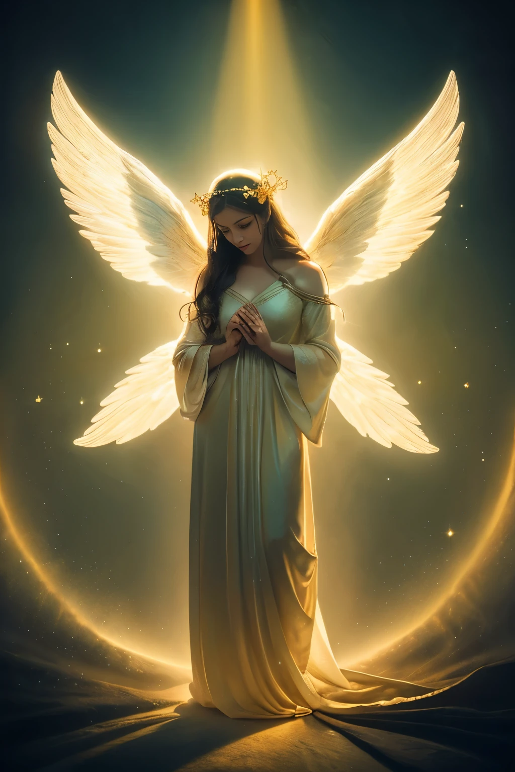 Please create an image of a mysterious and enigmatic angel. This angel should be bathed in an ethereal, radiant light that exudes an aura of celestial mystery and wonder. The angel's pose, setting, and appearance can all contribute to the sense of mystique. Push the boundaries of color, luminosity, and intricate detailing to craft an image that captivates the viewer's imagination and conveys the angel as a divine enigma. Your artistic skills are crucial in bringing this enigmatic angelic vision to life