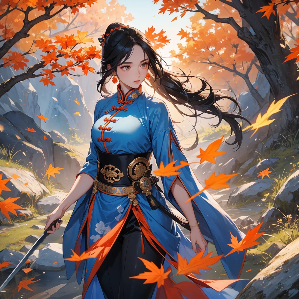 a beautiful woman black-haired male general holding a large sword in blue ancient Chinese general costume, walking In the middle of a spring mountain ,the backdrop is a mountain that turns orange-red in spring, and maple leaves fall from the trees.