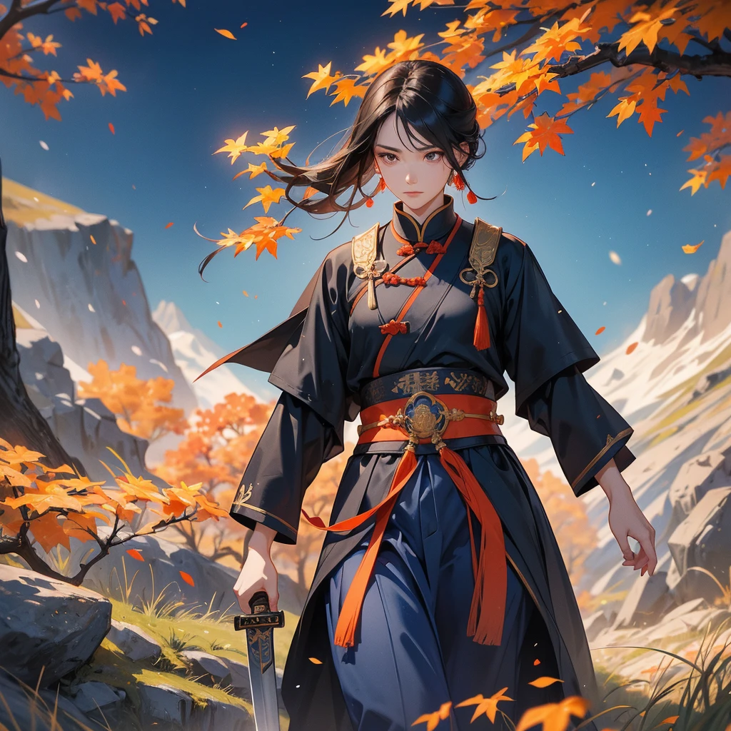 a beautiful woman black-haired male general holding a large sword in blue ancient Chinese general costume, walking In the middle of a spring mountain ,the backdrop is a mountain that turns orange-red in spring, and maple leaves fall from the trees.