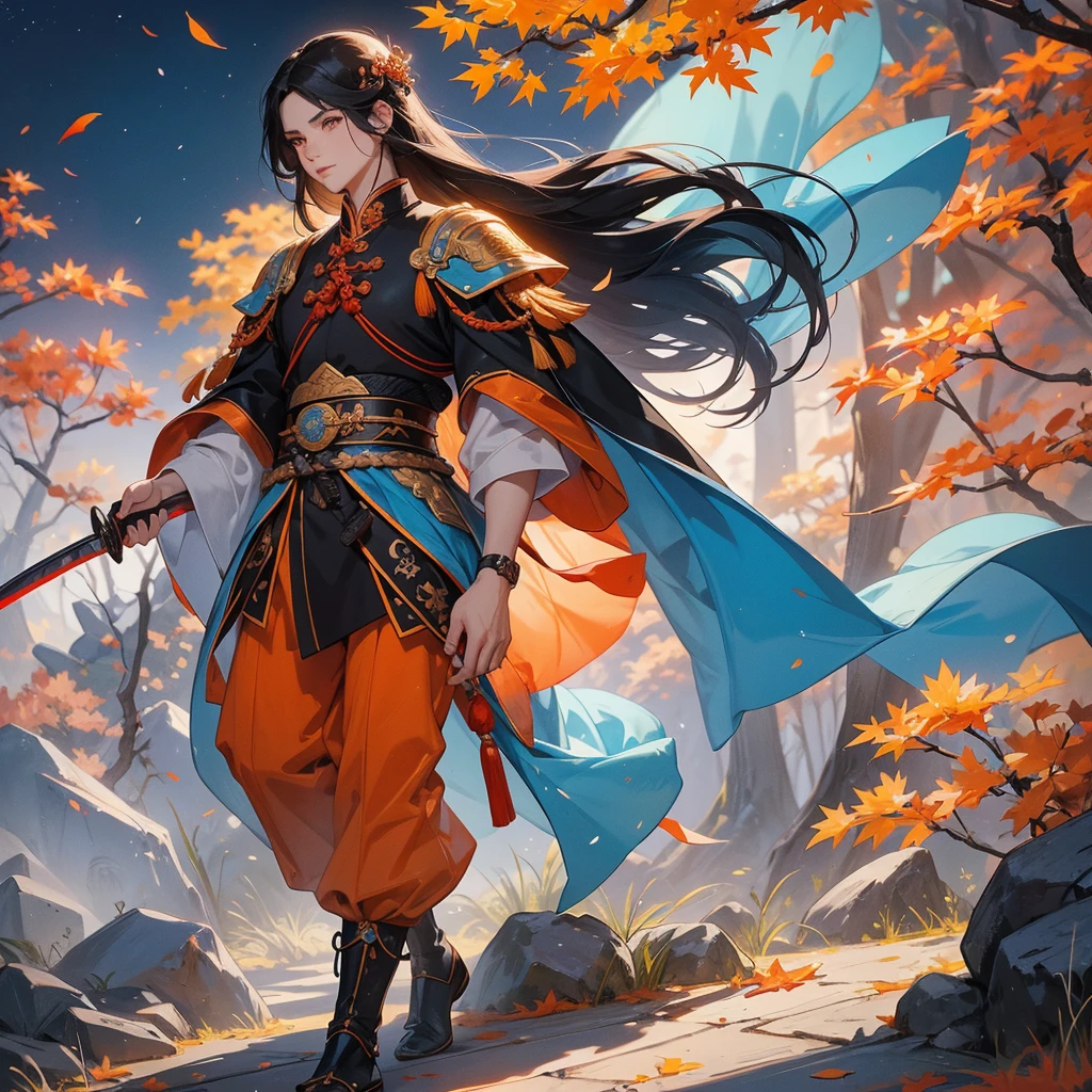 a beautiful woman black-haired male general holding a large sword in blue ancient Chinese general costume, walking In the middle of a spring mountain ,the backdrop is a mountain that turns orange-red in spring, and maple leaves fall from the trees.