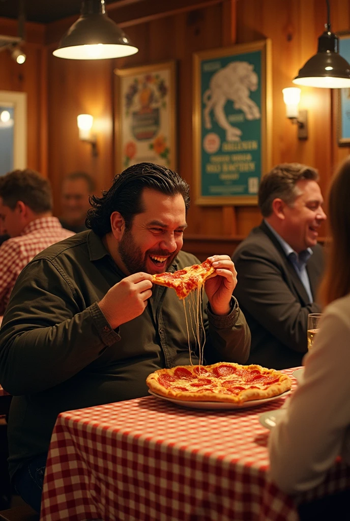 Man, fat, Black hair with middle part, Eats Pizza at the restaurant called Roni Pizzeria 