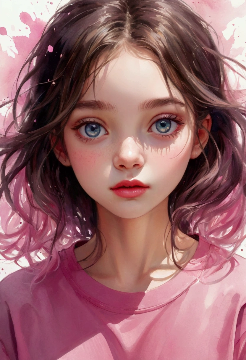(masterpiece),(best quality:1.1),(Extremely detailed),Best Illustration,Fine details,(portrait:1.1),(Strong close-up),Watercolor)floating,1 Girl,Solitary,13 years old,Slim,(Extremely exquisite and beautiful face),(Detailed beautiful eyes),Thick pink lips,(Messy hair),(Wearing a pink loose T-shirt),weak,(Simple background:1.2)The whole colorful background,Clear,4K