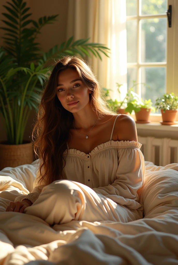 (photorealism:1.2), beautiful 21 year old woman, sitting on bed, wearing loose off-shoulder top, pajama pants, long wavy brown hair, indoors, soft lighting, plants in background, window with sunlight, cozy room, relaxed pose, realistic, intricate details, warm colors, by Greg Rutkowski, by Alphonse Mucha