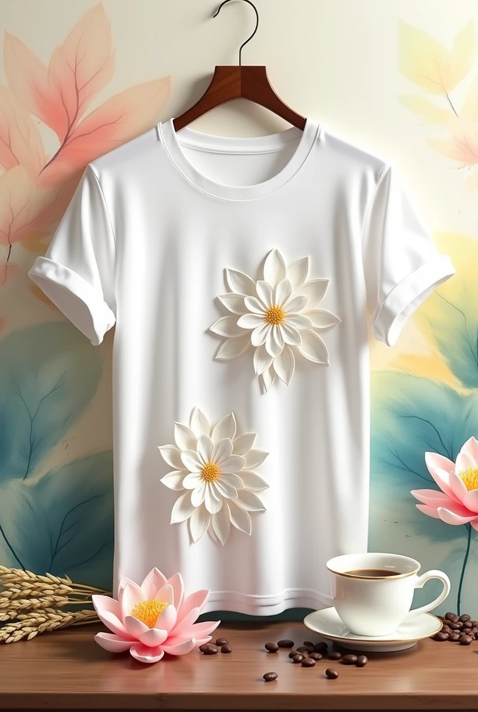 mockup of a loose white T-shirt with 2 3D embossed lotus flower print on the chest on a pastel pink, yellow, and blue watercolor lotus leaf background with broken color streaks. The background is a brown wooden background, deco with a few rice flowers, coffee beans, and a coffee cup.
