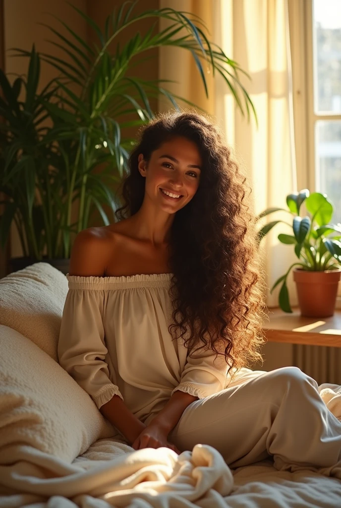 (photorealism:1.2), beautiful woman, sitting on bed, wearing loose off-shoulder top, pajama pants, long curly hair, indoors, soft lighting, plants in background, window with sunlight, cozy room, relaxed pose, realistic, intricate details, warm colors, by Greg Rutkowski, by Alphonse Mucha