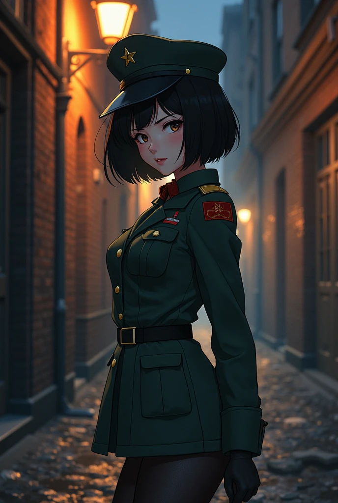 Anime, Short black hair with bangs,  Narrow waist, Wearing a Soviet uniform,((bottomless)),(((open crotch black tights:1.2))),((pussy:1.5)),Shaved pussy,Moscow alley,NSFW,Pussy