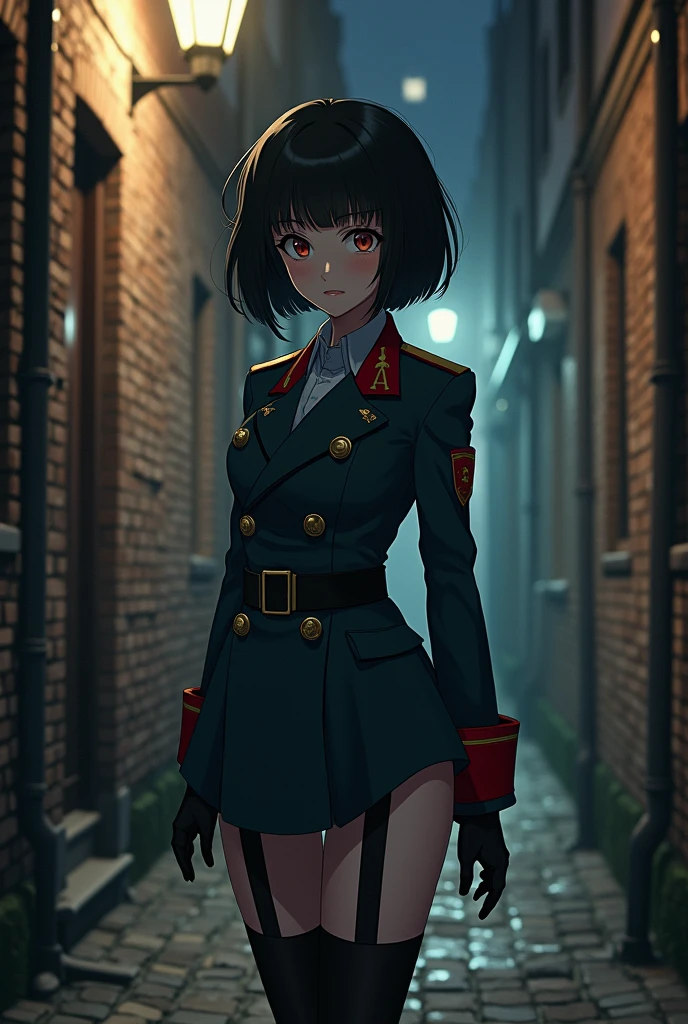 Anime, Short black hair with bangs, Narrow waist, Wearing a Soviet uniform,((bottomless)),(((open crotch black tights:1.2))),((pussy:1.5)),Shaved pussy,Moscow alley,NSFW,Pussy
