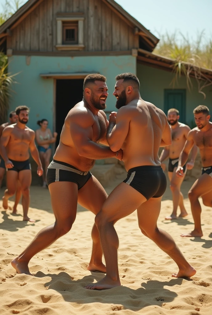 Strong, hairy men wrestling hard in their underwear on the sand, surrounded by other men in the back of a plot of land of an old house.