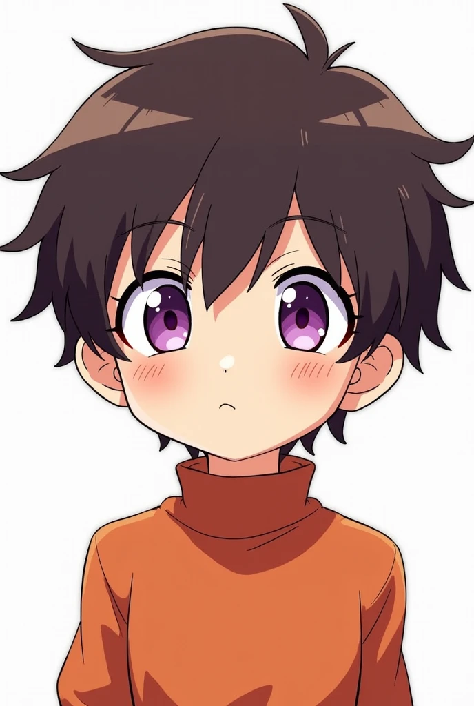 アニメ, Dark brown haired boy, purples eyes, cloused mouth, PNG Tuber, white background.