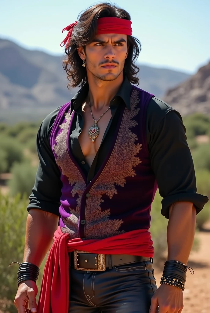 Create the image of a gypsy from the Andalusia region, with an extremely handsome appearance and an incredibly muscular physique. He has a strong and imposing presence, with tanned skin and striking facial features, like a defined jawline and dark, piercing eyes that exude intensity. Your hair is long, dark and slightly wavy, falling to his shoulders. He is dressed in traditional gypsy attire, with a tight shirt made of light fabric in shades of black, partially open to reveal his muscular torso. About the shirt, he wears a richly decorated purple velvet waistcoat, and a vibrant red sash tied around the waist. Dark pants and leather boots complete your look.. Include accessories such as leather bracelets, a scarf tied around the head in red and small hoop earrings. The background may suggest an Andalusian landscape, with mountains and Mediterranean vegetation in the background, highlighting its cultural roots."