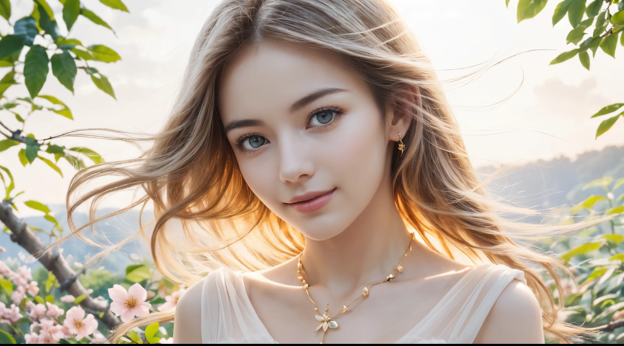 1girl, standing, full body, in the park, draped (see-through:1.2) white dress, opulent golden-trim, detailed face, (peaceful gaze, looking at viewer:1.4), (cute:1.8), (breasts:1.2), delicate crystal necklace, waterfalls, surrounded by lush, vibrant greenery, blooming flowers, and softly glowing light, gentle smile, alluring peaceful posture, warm sunlight filtering through trees, (soft, diffused lighting, high bloom, glowing light, soft highlights, radiant aura, overexposed edges, dreamy illumination, hazy glow, ethereal light:1.4), (subtle light flares), tranquil setting, vibrant colors, surreal, heavenly vibe, paradise-like environment, detailed textures, relaxing mood, close-up shot,