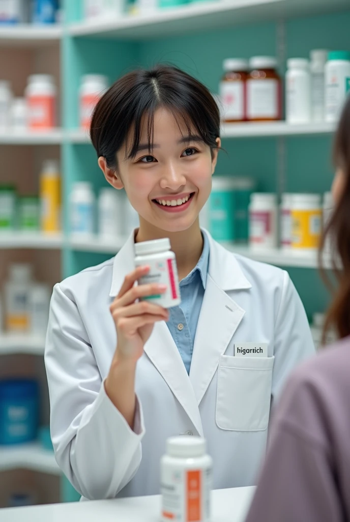 Give me a short haired pharmacist presenting a product or giving advice