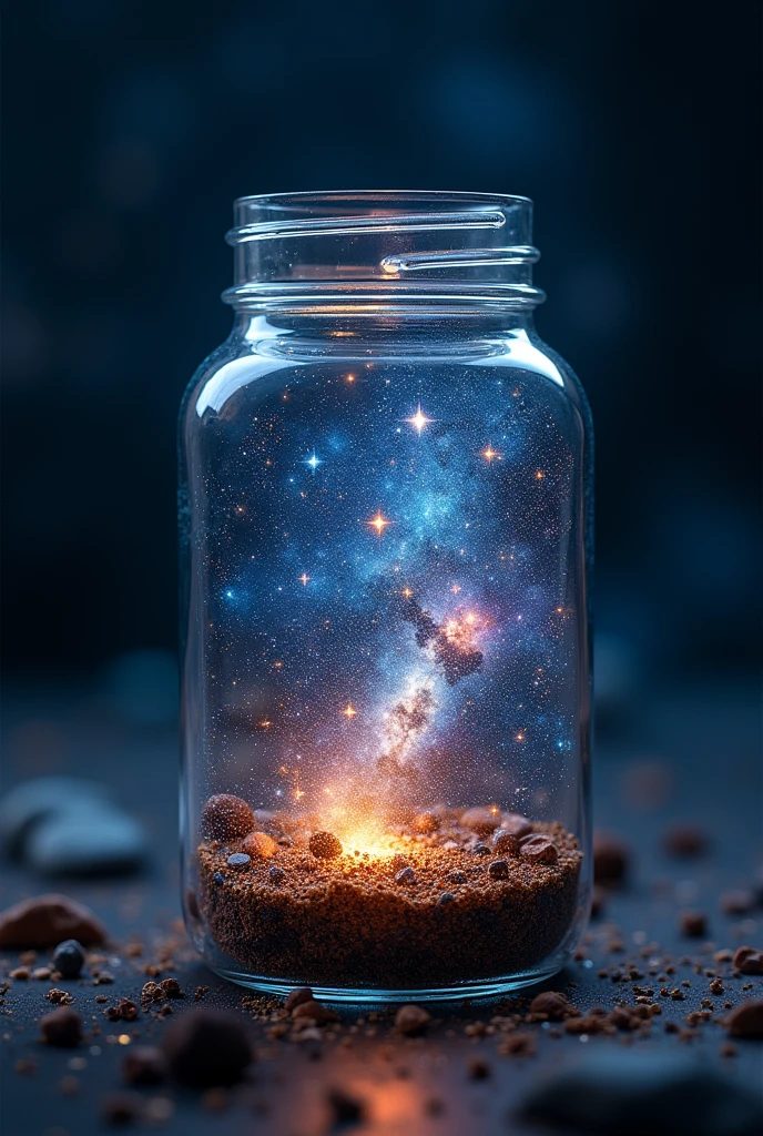 
Glass jar close-up, starry night sky inside, miniature universe, twinkling stars, colorful nebulae, galaxies, cosmic dust, glass reflection, curved surface distortion, background starry sky, contrast, depth, magical, ethereal glow, hyper-detailed, dark background, celestial beauty, macro photography