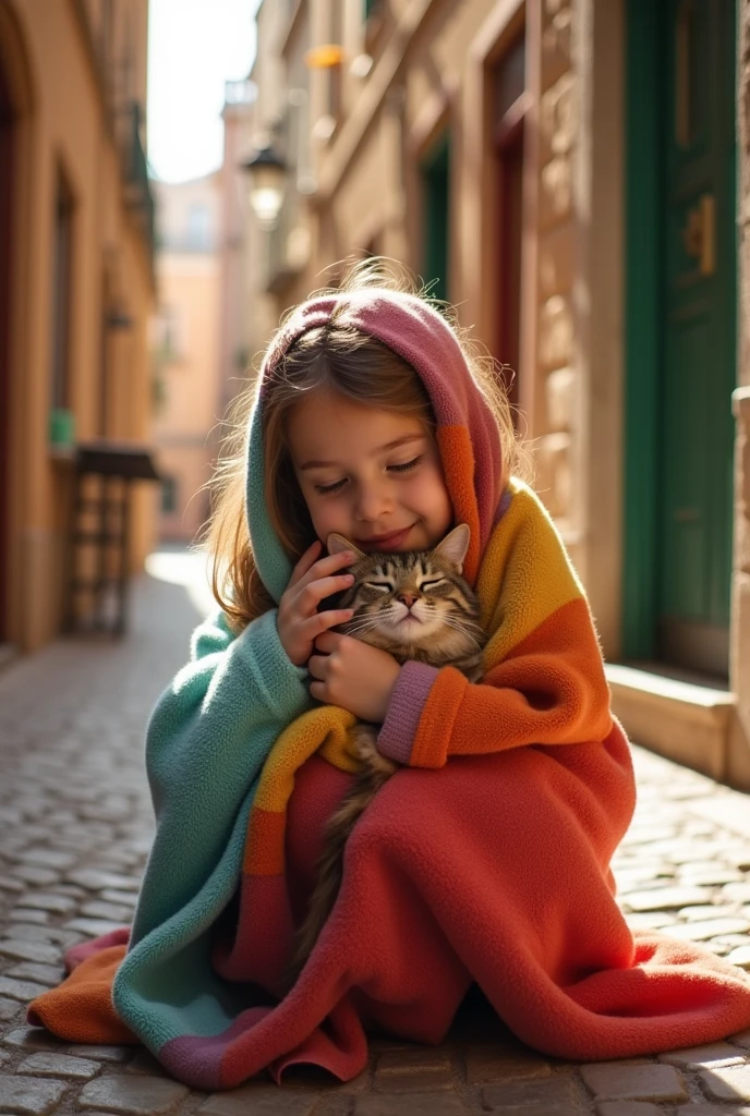 The girl wraps the blanket around the cat, who now looks relaxed and grateful. The alleyway appears brighter with the girl's presence.