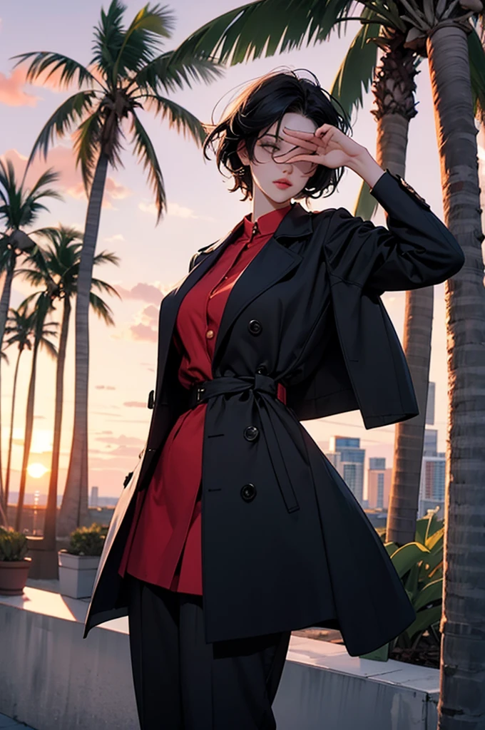 retro girl, short black hair, covering eyes, heterochromia eyes, pale skin, serious, black trench coat top, red dress shirt, stright dress pants, Miami, sunset, palm tree, dynamic pose