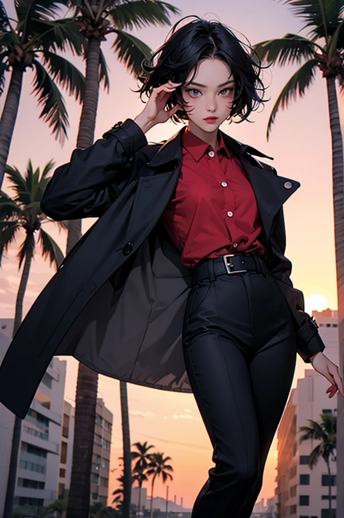 retro girl, short black hair, covering eyes, heterochromia eyes, pale skin, serious, black trench coat top, red dress shirt, stright dress pants, Miami, sunset, palm tree, dynamic pose