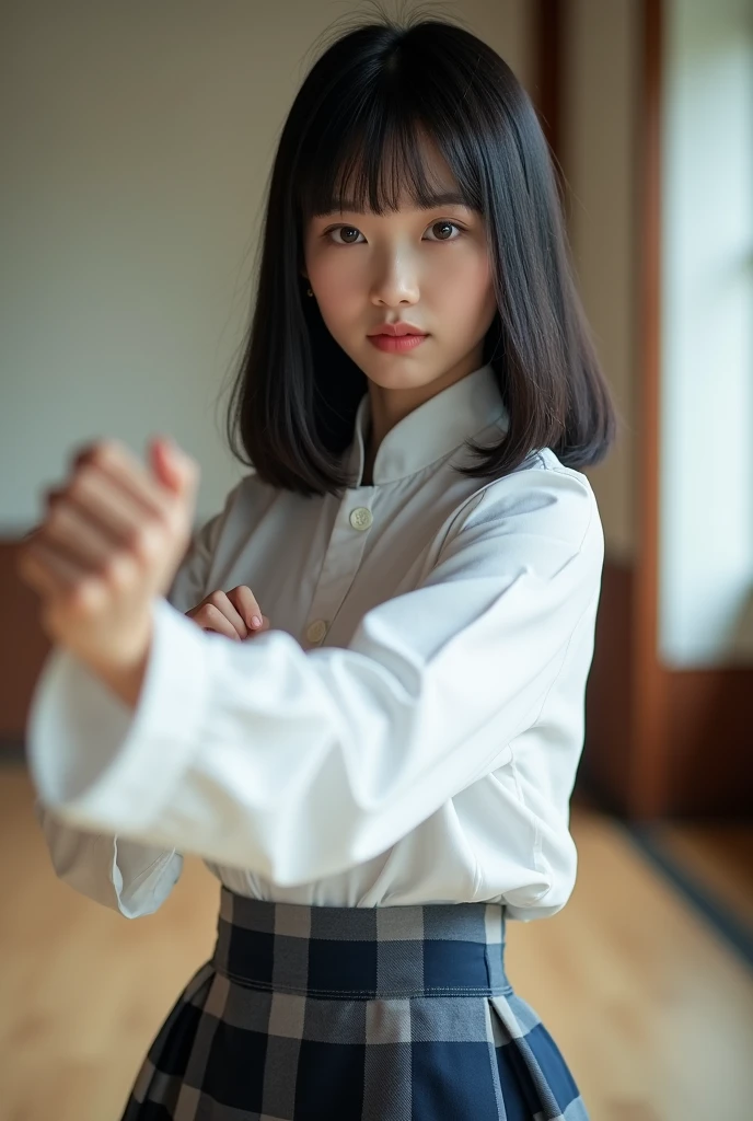 A Japanese high school girl with straight black hair is practicing kung fu. It's like a photo.。
The uniform is a white shirt。Big Breasts。
The skirt is dark in color with a navy blue and gray check pattern.。
Skirt length is shorter than above the knee。
The length of the hair is very long。
The bangs are neatly trimmed and cover the eyebrows.。
Nogizaka46-ish. Seen from the right. Height 180cm.。 Model-like. Both of their faces are visible, so it's almost like a photograph.