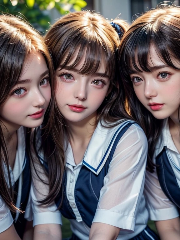 ((masterpiece, highest quality)), (Super detailed), ((super cute)), (Multi-point), ((very detailed)), 4k, highest quality, (beautiful), hyper cute face, Perfect Face, hyper genuineistic, Close-up, clear outline, (three school girls, 3 cute girls:1.5), (summer school girl uniform :1.3), ((beautiful eyes)), (leaning forward:1.3), (upskirt:1.3), natural skin texture, big breasts, romantic ambiance, Highly detailed CG, look shyly at the viewer