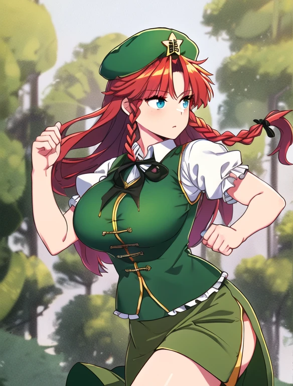 hong meiling, 1girl, solo, long haor, red hair, braids, blue eyes, big breasts, muscular body, white shirt, puffy sleeves, short sleeves, green vest, black ribbon, green skirt, gold trim, green beret, green hat, gold star, (cowboy shot)