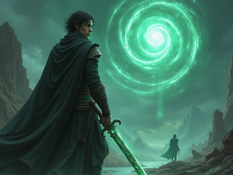 (photorealism:1.2), Background: The cover features a dramatic, fantasy landscape of a world shrouded in illusion. The backdrop includes a large, swirling vortex or veil, symbolizing the illusionary nature of the world. The landscape is a mix of mystical forests, ancient ruins, and shadowy mountains, with a faint, otherworldly glow permeating the scene.Foreground: In the foreground, the central figure is Riven Kael, depicted in a dynamic pose. He is dressed in rugged, battle-worn attire, reflecting his journey and struggles. His green eyes are intense, and his raven-black hair is slightly tousled, adding to his determined appearance.Details:Riven is shown wielding a prominent weapon, such as a glowing sword or staff, symbolizing his quest for power and vengeance. The weapon should have intricate designs and a radiant aura, emphasizing its significance.Surrounding Riven are subtle, ethereal elements like floating fragments of light, mystical runes, or ghostly figures, representing the illusion and magical aspects of the world.Color Scheme: The color palette includes deep, rich tones such as emerald green, midnight blue, and dark purple, contrasted with highlights of silver and gold. These colors should evoke a sense of mystery, magic, and danger.Text:The title, “Veil of Illusion: The Awakening,” is prominently displayed at the top or center of the cover in an elegant, fantasy-style font. The letters might have a glowing or metallic effect to stand out against the background.At the bottom or in a corner, include the author’s name in a smaller but matching font. You might also add a tagline or subtitle that hints at the novel’s themes, such as “Betrayal, power, and revenge in a world of illusions.”Overall Mood: The cover should convey a sense of epic fantasy and high . The imagery should intrigue and captivate potential readers, drawing them into the mysterious and enchanting world of the novel. Add the words veil of illusions The Awakening in the background