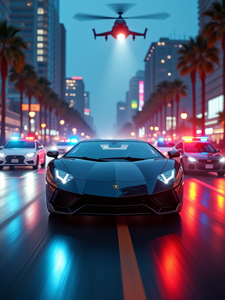 high speed chase of a lamboghini aventador racer and against police cars and a helicopter in the sky , (detailed stunning environment), cinematic, cover art, (low front angle), intricate, highly detailed, smooth, sharp focus, cinematic lighting, atmospheric, photoreal, 8k, Canon EF 200-400mm f/4L IS USM Extender 1. 4x Lens, stan Winston studio