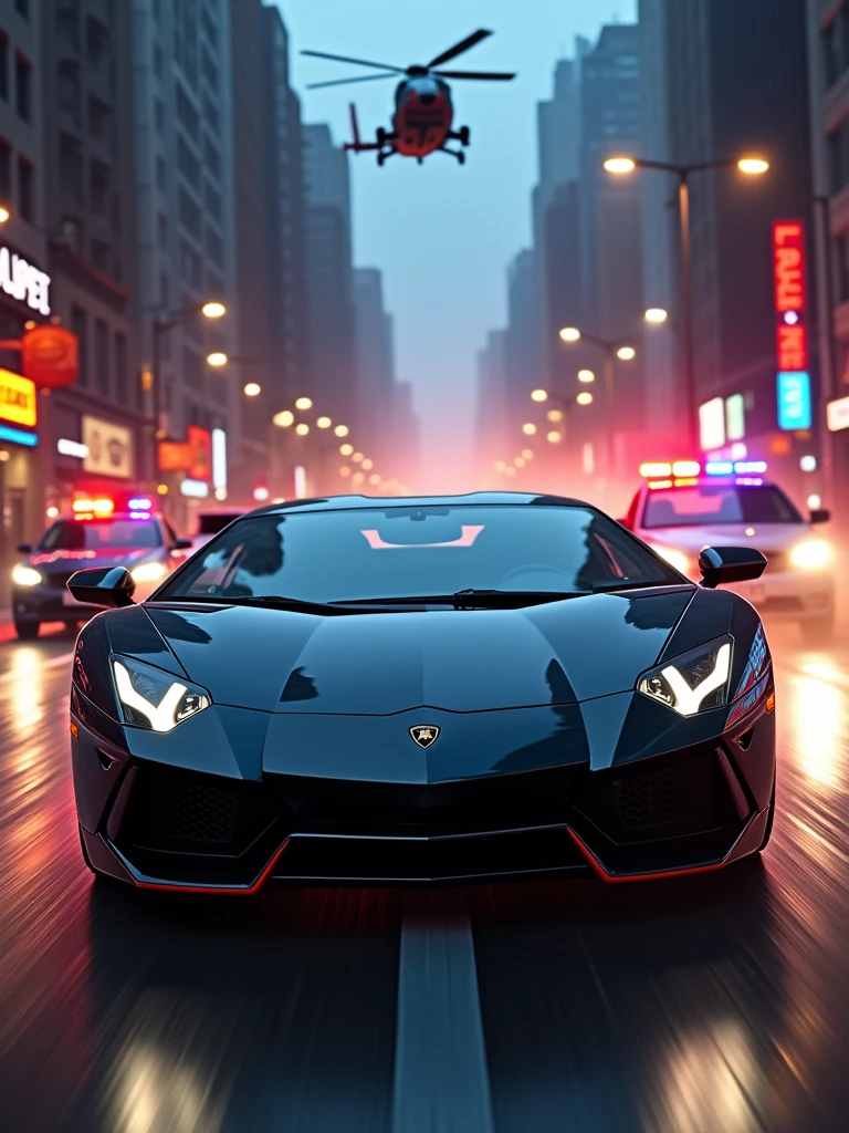 high speed chase of a lamboghini aventador racer and against police cars and a helicopter in the sky , (detailed stunning environment), cinematic, cover art, (low front angle), intricate, highly detailed, smooth, sharp focus, cinematic lighting, atmospheric, photoreal, 8k, Canon EF 200-400mm f/4L IS USM Extender 1. 4x Lens, stan Winston studio