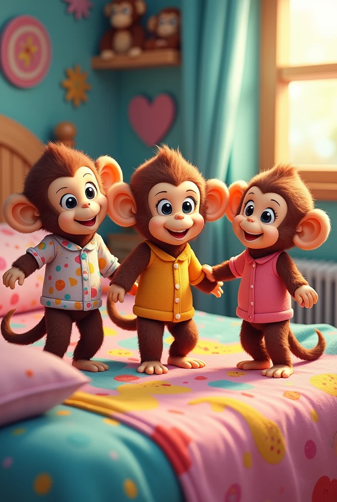 3 fluffy little monkeys, smile, Big eyes, Wear pajamas, Standing on the bed, Children's bedroom, Snes drawing