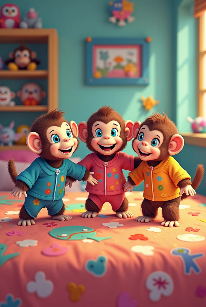 3 fluffy little monkeys, smile, Big eyes, Wear pajamas, Standing on the bed, Children's bedroom, Snes drawing