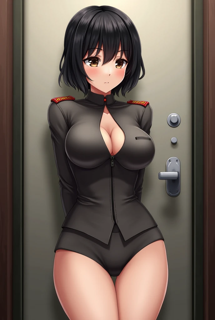 Anime, Short black hair with bangs,  Narrow waist, Wearing a Soviet uniform,((bottomless)),(((Open crotch:1.2))),((pussy:1.5)),Shaved pussy,Moscow alley,NSFW,Pussy