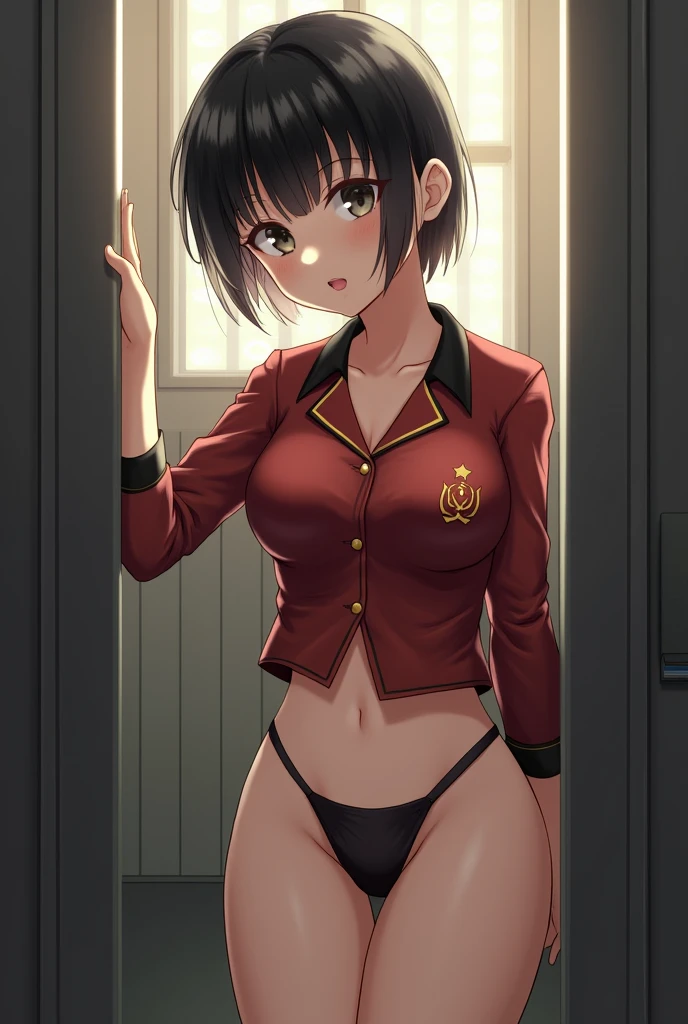 Anime, Short black hair with bangs, Narrow waist, Wearing a Soviet uniform,((bottomless)),(((Open crotch:1.2))),((pussy:1.5)),Shaved pussy,Moscow alley,NSFW,Pussy