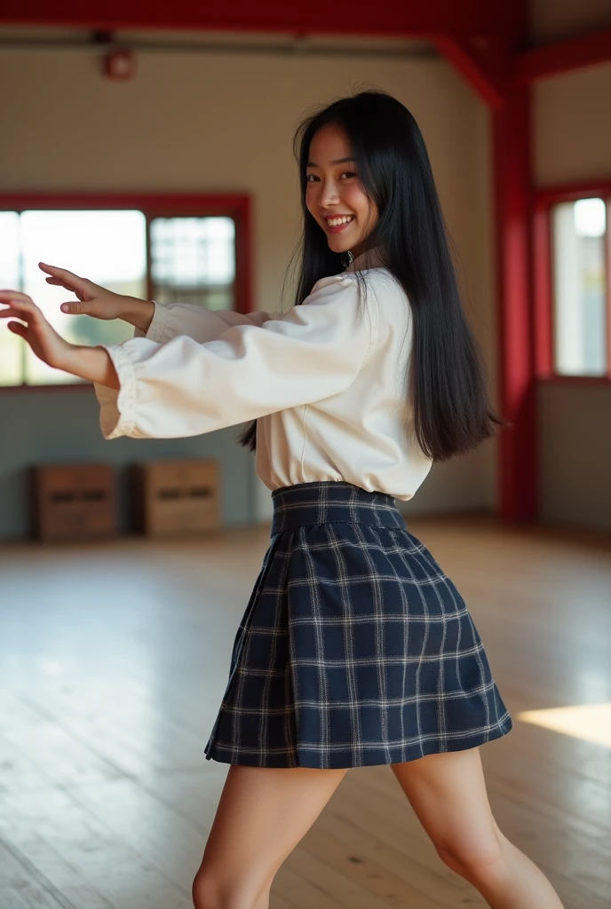 A smiling Japanese high school girl with straight black hair is practicing kung fu. It's like a photo.。
The uniform is a white shirt。Big Breasts。
The skirt is dark in color with a navy blue and gray check pattern.。
Skirt length is shorter than above the knee。
The length of the hair is very long。
The bangs are neatly trimmed and cover the eyebrows.。
Nogizaka46-ish. Seen from the right. Height 180cm.。 Model-like. Both of their faces are visible, so it's almost like a photograph.