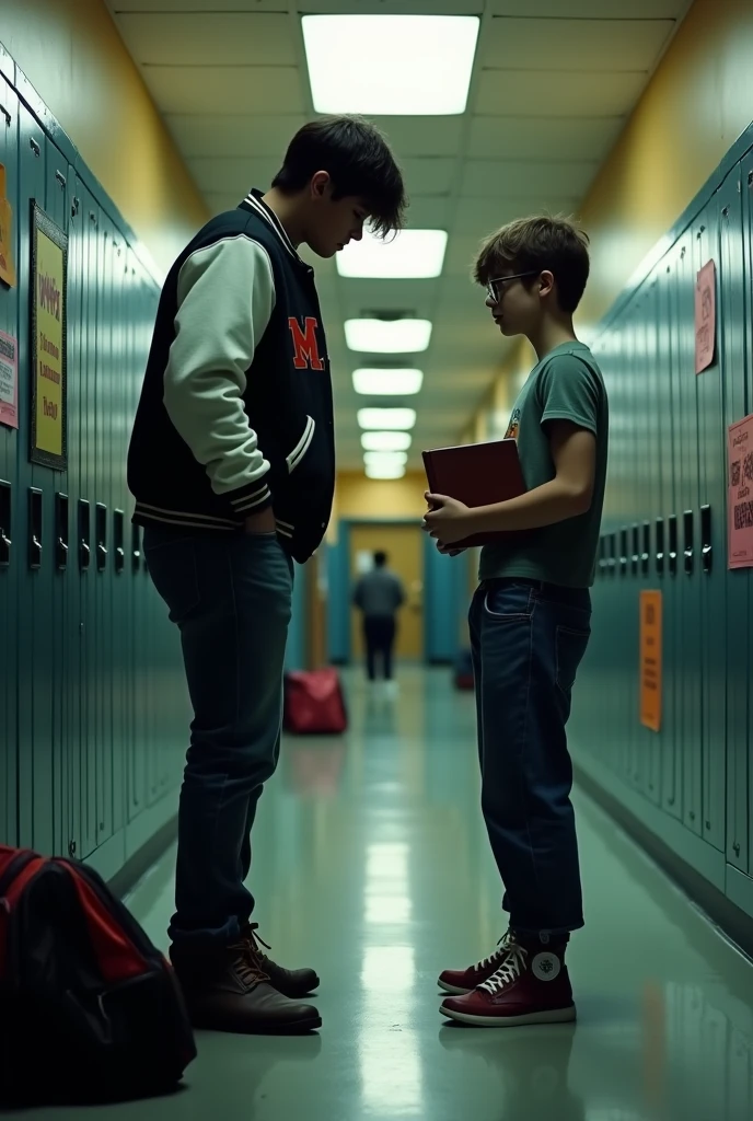 Nerdy teen boy cornered by bully teen boy