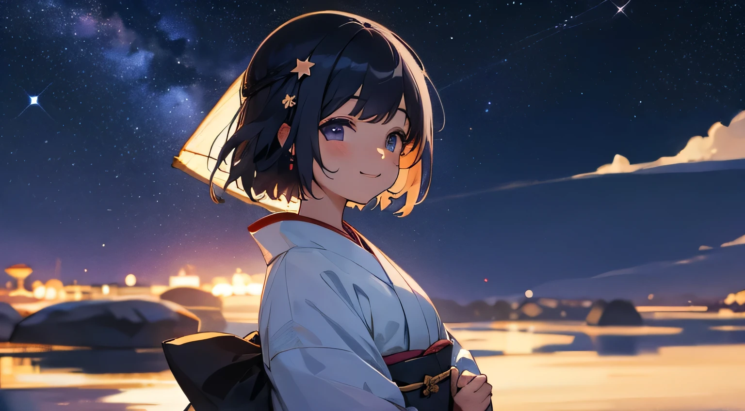 night sky,stars,smile,kimono,japanese girl