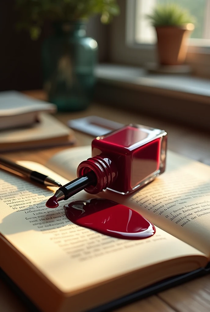 Drawing of a bottle of wine red nail polish spilled on an open school literature book on a desk, close to the camera 