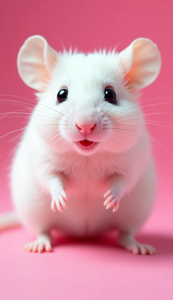 A close-up of a white mouse with a surprised expression, featuring its tiny mouth open in an 'O' shape and wide, dark eyes. The mouse's soft fur and delicate whiskers are finely detailed, with its small, round ears standing upright to amplify its shocked look. The background is a bright pink color, offering a stark contrast to the white fur. The composition is vibrant and centered on the mouse’s expressive face, creating a charming and eye-catching image.