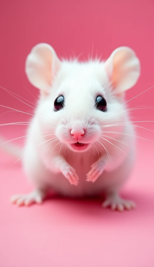 A close-up of a white mouse with a surprised expression, featuring its tiny mouth open in an 'O' shape and wide, dark eyes. The mouse's soft fur and delicate whiskers are finely detailed, with its small, round ears standing upright to amplify its shocked look. The background is a bright pink color, offering a stark contrast to the white fur. The composition is vibrant and centered on the mouse’s expressive face, creating a charming and eye-catching image.