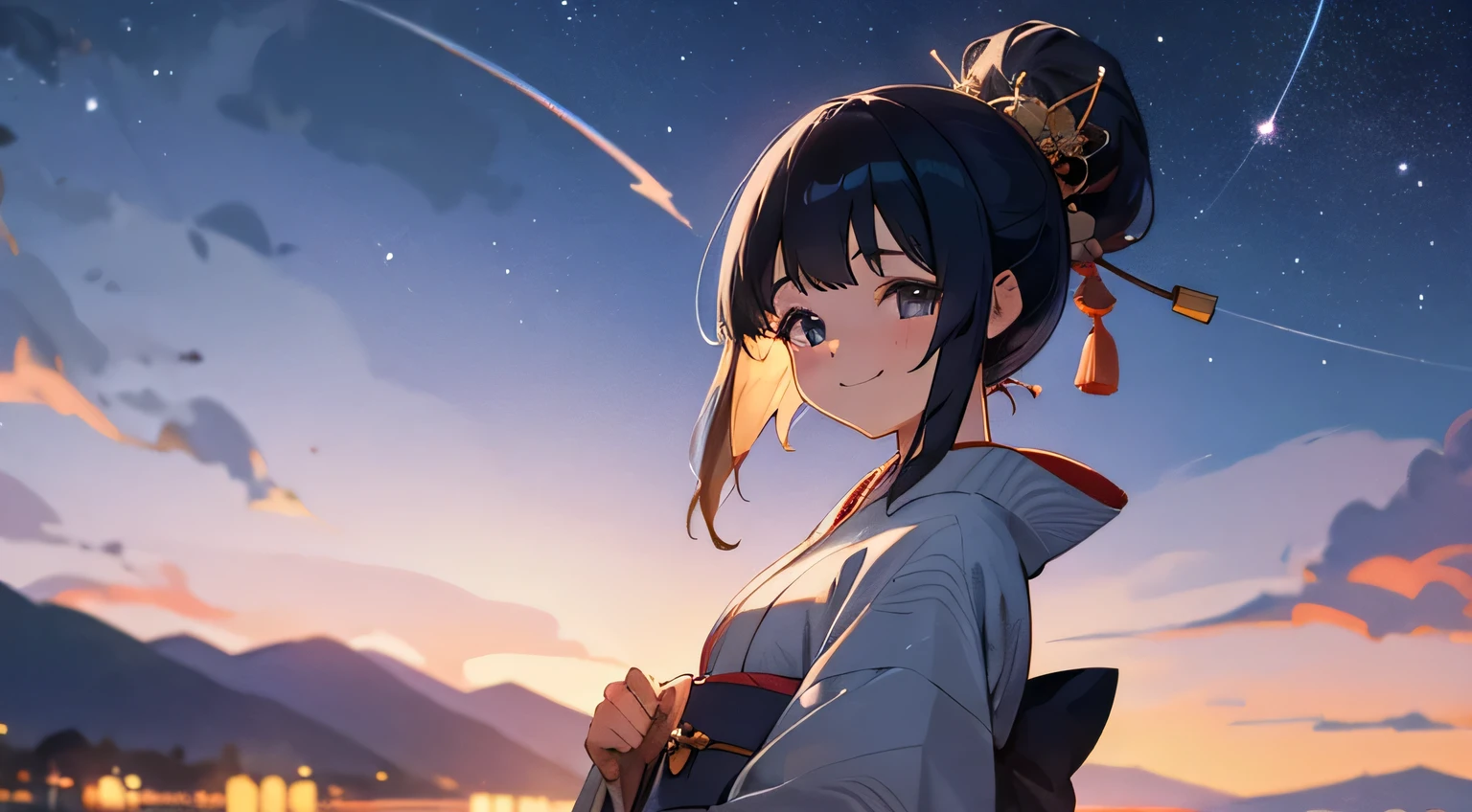 night sky,stars,smile,kimono,japanese girl