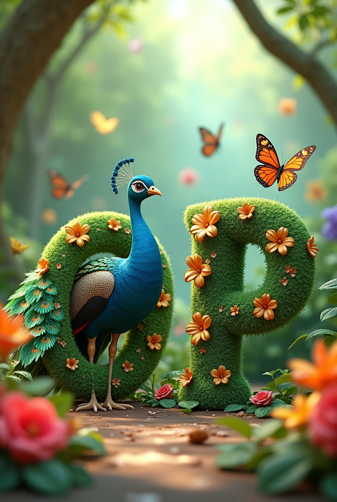 Create an animated image for alphabet OPand an talking peacock with animation 3D