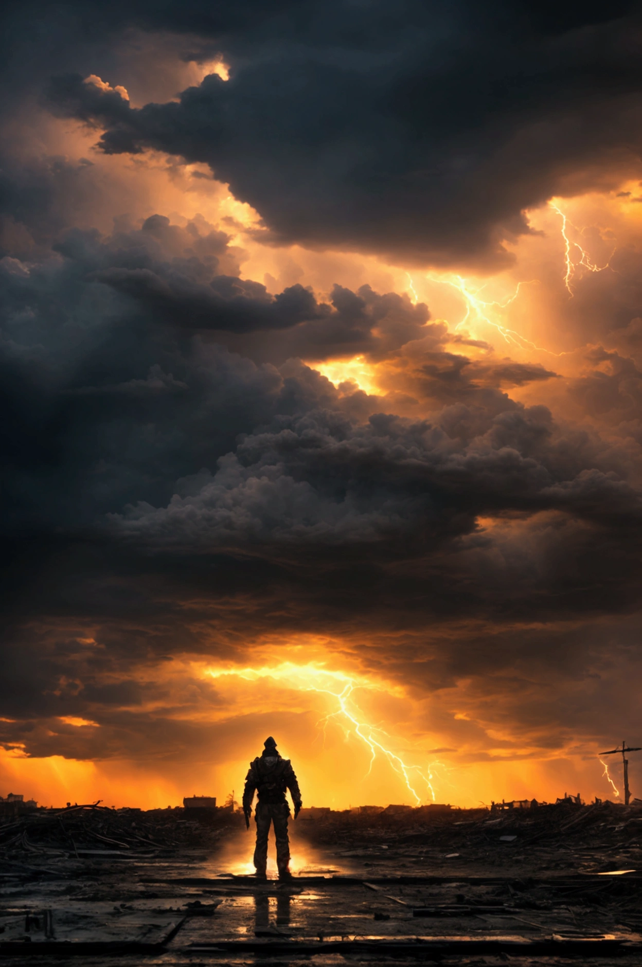 A man standing in an apocalyptic setting, under a gorgeous storm with a sunset in the distance