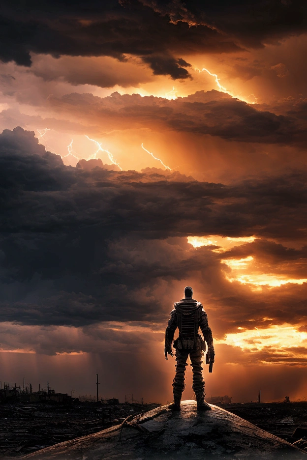 A man standing in an apocalyptic setting, under a gorgeous storm with a sunset in the distance